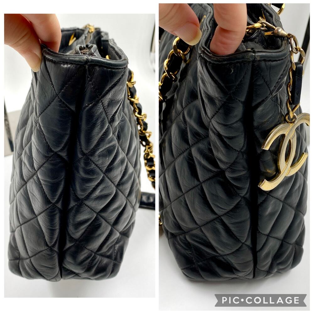 Chanel Vintage Quilted Tote Bag Black Leather Shoulder Shopper chain 24kt - Picture 9 of 15